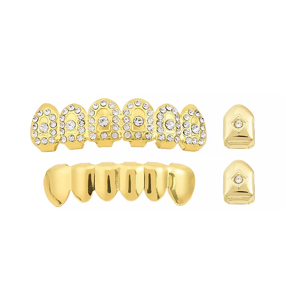 Hip Hop Iced Out CZ Stones Teeth Grillz Caps Cubic Zircon Micro Pave Top&Bottom Charm Grills Set For Men Women Jewelry Gift