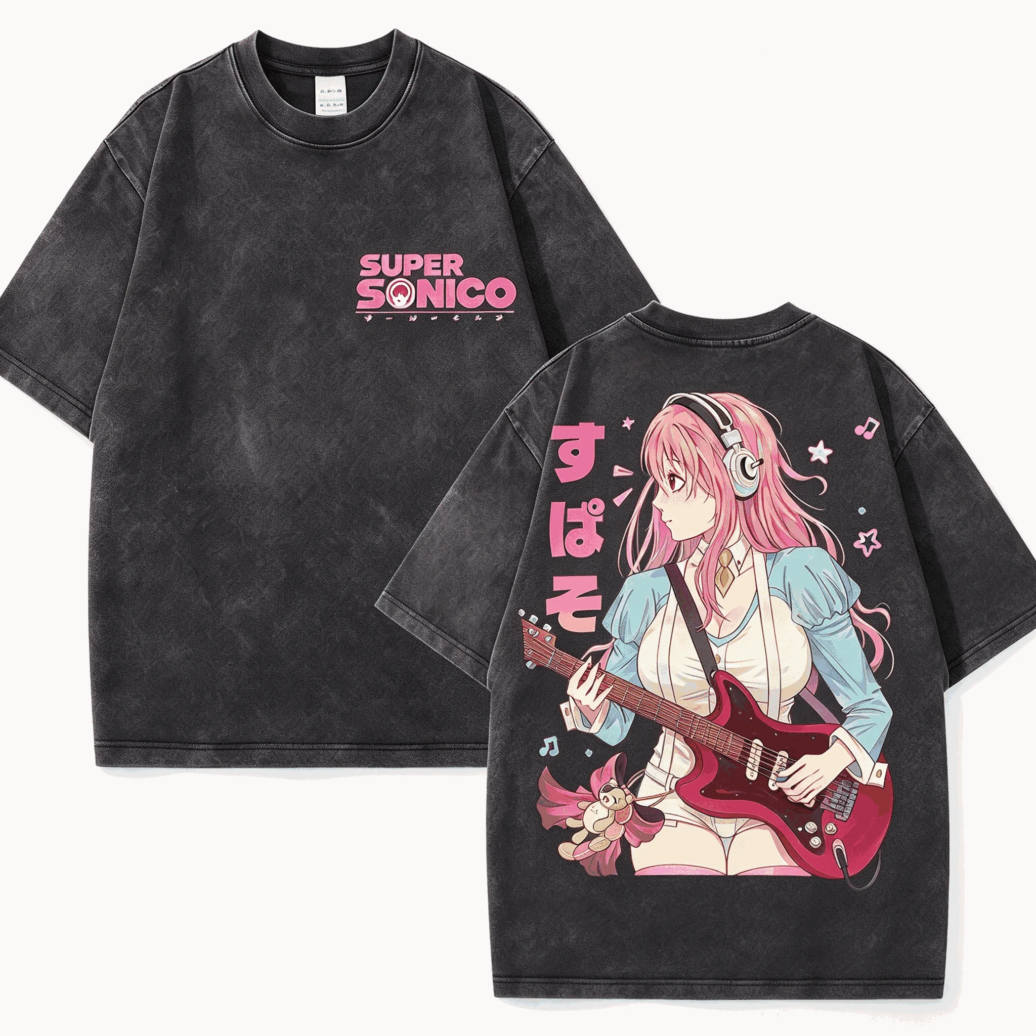 Super Sonico Washed Vintage Graphic T-shirt Men Women Casual Oversized Unisex Streetwear Trendy Cotton Soft Breathable Fashion