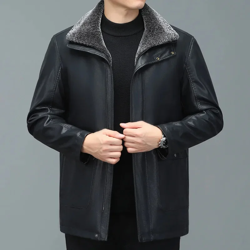 ZDT-8035 Winter Men's Genuine Leather Down Coat Mid length Lapel Sheepskin Casual Business Jacket