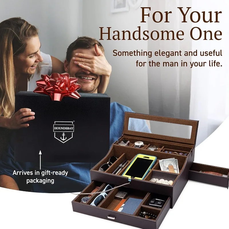 Herren Valet Box Organizer, große Leder Valet Tray für Männer, Herren Valet Tray Organizer mit Ladestation