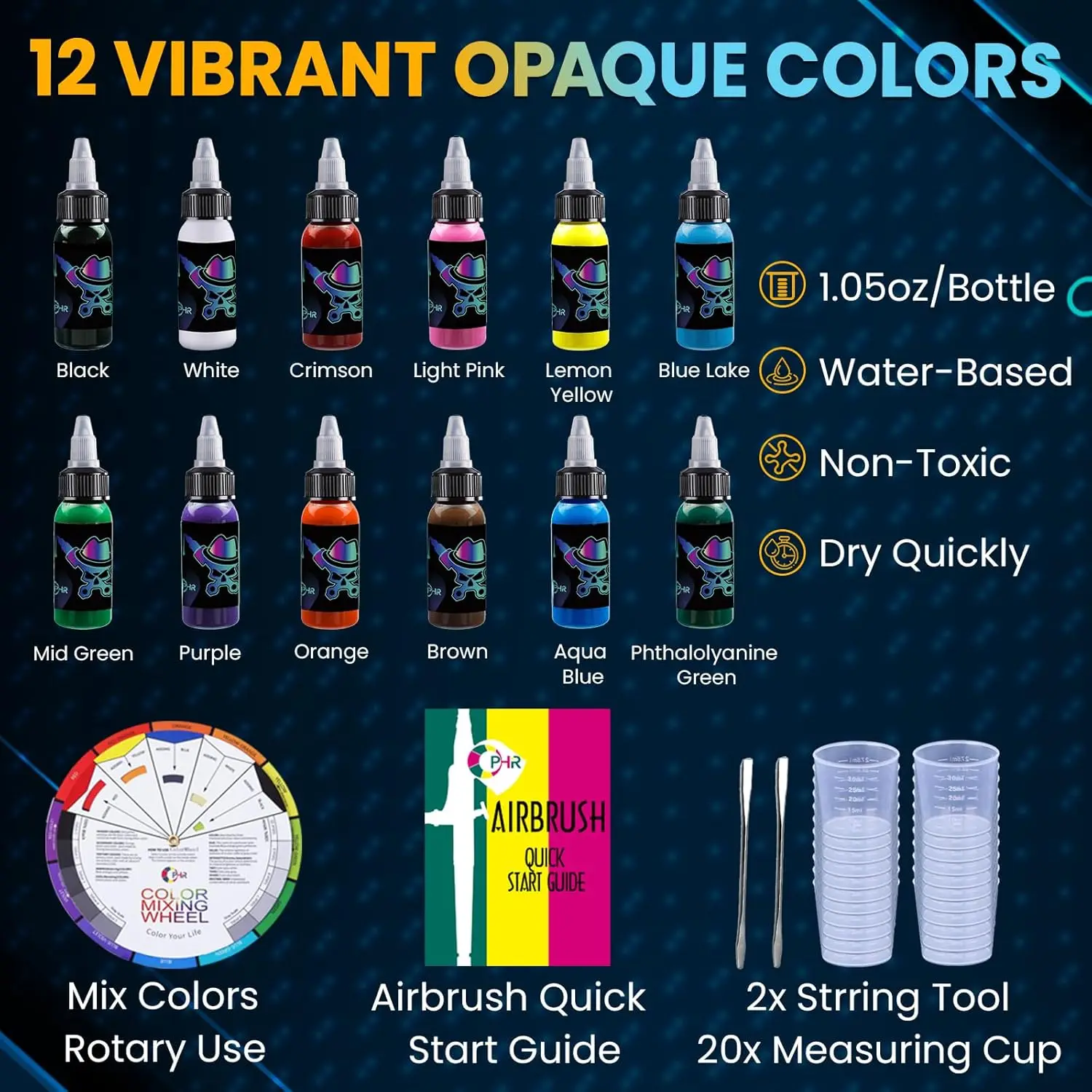 Kit aerografo presa, Set di verniciatura compressore aerografo con serbatoio aria 1L, Kit aerografo 2x, 12 colori di vernice acrilica aerografo