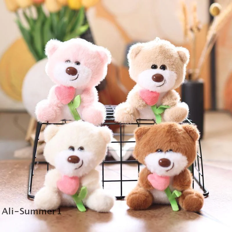 【E】Uroczy breloczek pluszowy z misiem i tulipanem, kreskówkowa maskotka, śliczny pluszowy brelok do kluczy, zawieszka do plecaka, prezent na urodziny i Boże Narodzenie