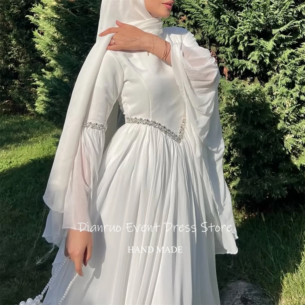 Dianruo فساتين سهرة متواضعة بيضاء كريستالية بأكمام طويلة على شكل حرف A رداء حفلات شيفون متطور فيستدوس فورماليس مخصص