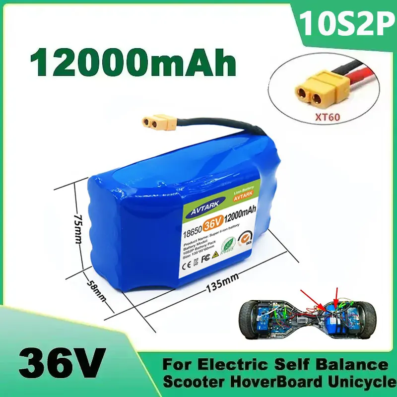 

New Genuine 36V 12Ah 10s2p Battery Packs Rechargeable Li-ion Battery for Electric Self Balancing Scooter HoverBoard Unicycle