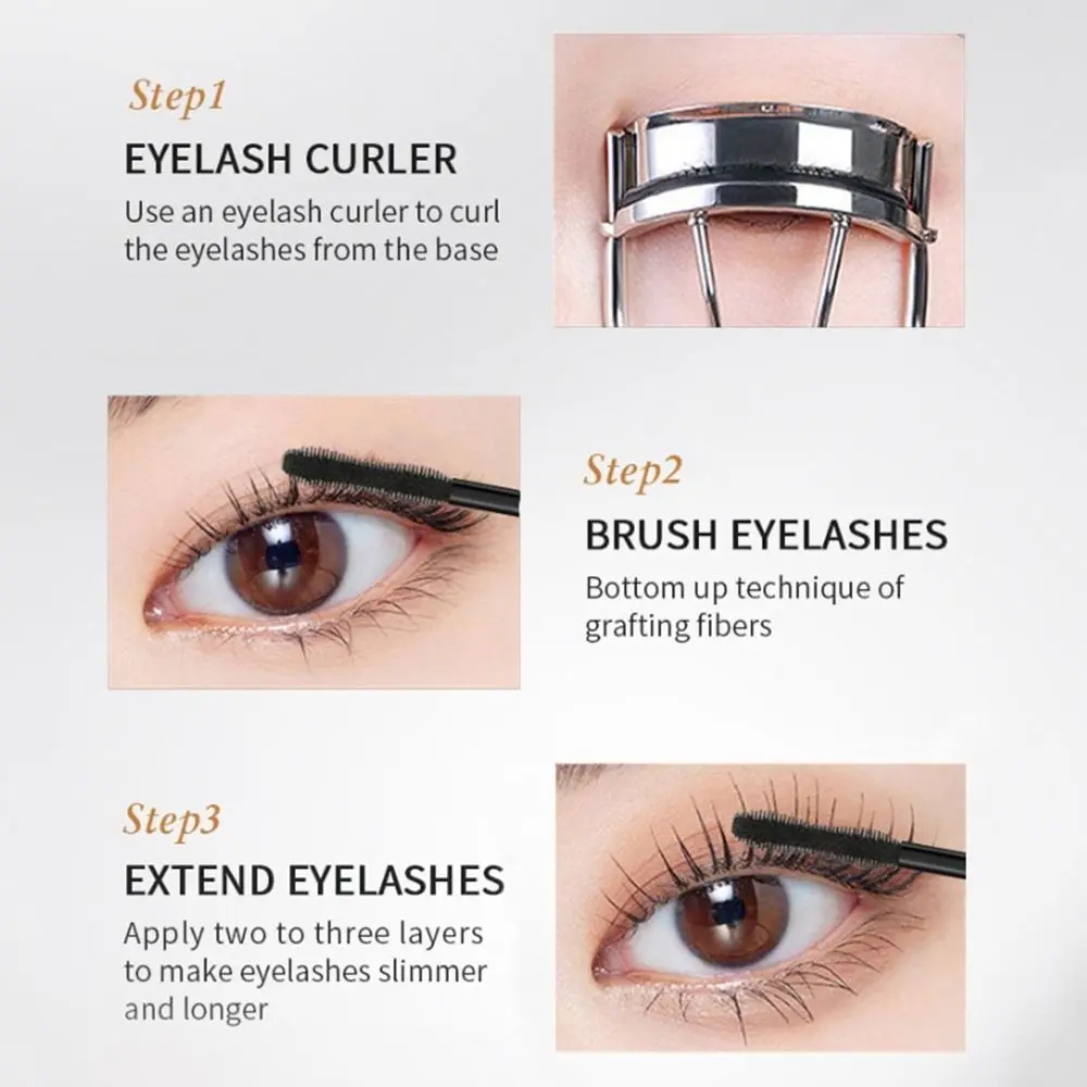 Máscara de pestañas alargadora a prueba de manchas, máscara rizadora resistente al agua sin grupos, fácil eliminación, alarga las pestañas, máscara de relleno de fibra