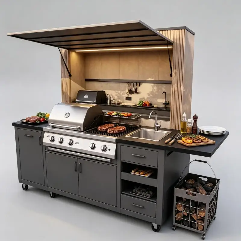 Outdoor Kitchen Island Stainless Steel Counter Built In Barbecue Grill Storage Drawers For Garden Terrace Party