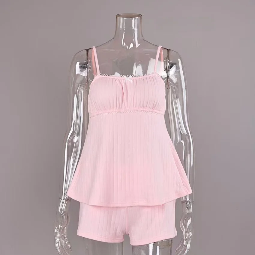 Summer Home Wear Tank Top And Shorts Set Floral Embroidery Strap Vest And Shorts Home Clothes Comfortable Breathable No Brand view 5