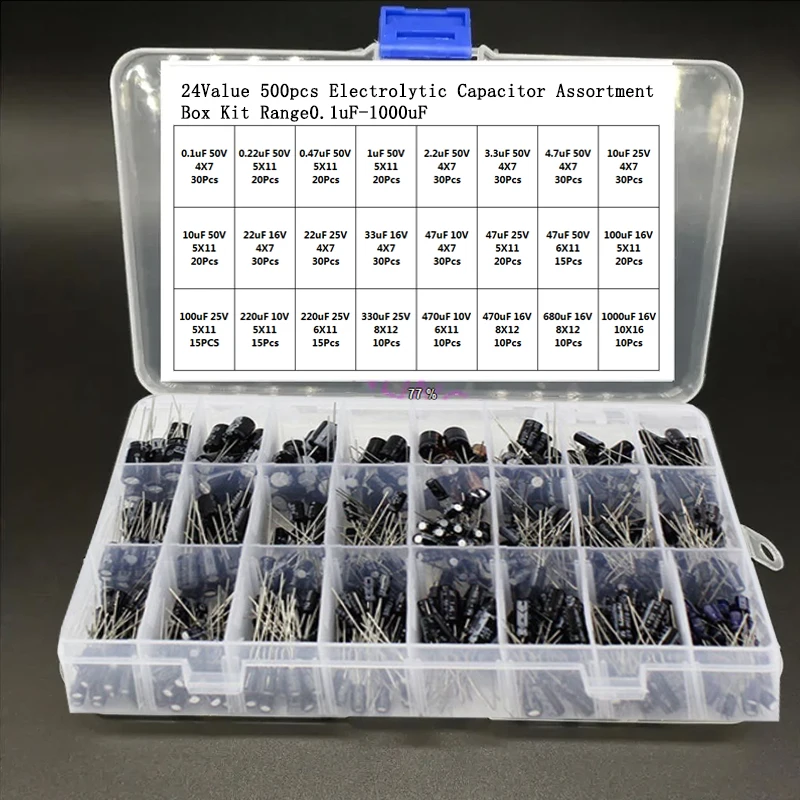 

24 specifications of 500 electrolytic capacitors sorting box kit range 0.1uF - 1000uF 50V 15V micro electrolytic capacitors