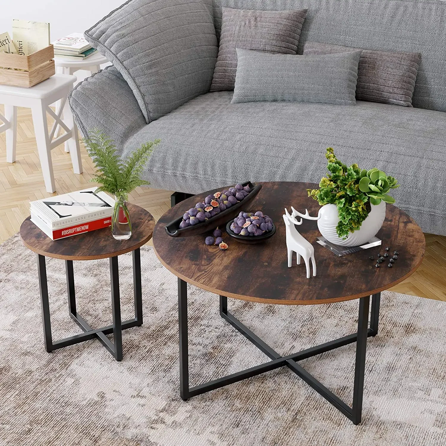 Homfa Round Coffee Table Wooden&Metal  for Living Room 2 in 1 Combination Cafe Table Easy Assembly Center Table