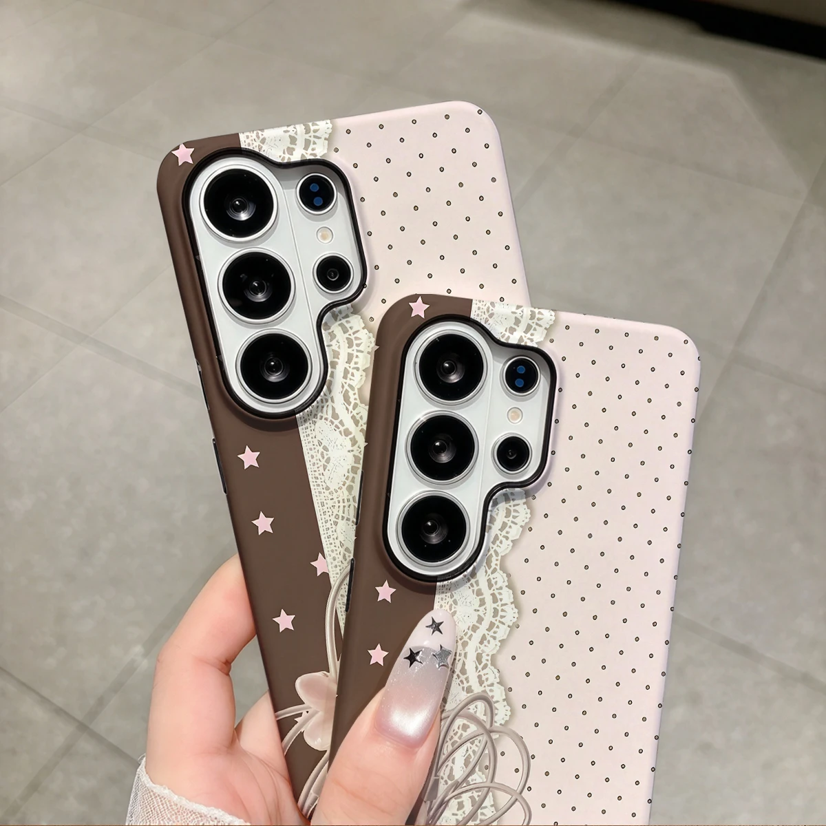 Pink Stars Lace Earbuds Phone Case For Samsung Galaxy S26 S25 Ultra S24 S23 Plus Hard Shock‑Absorption 2-in-1Protective Cover