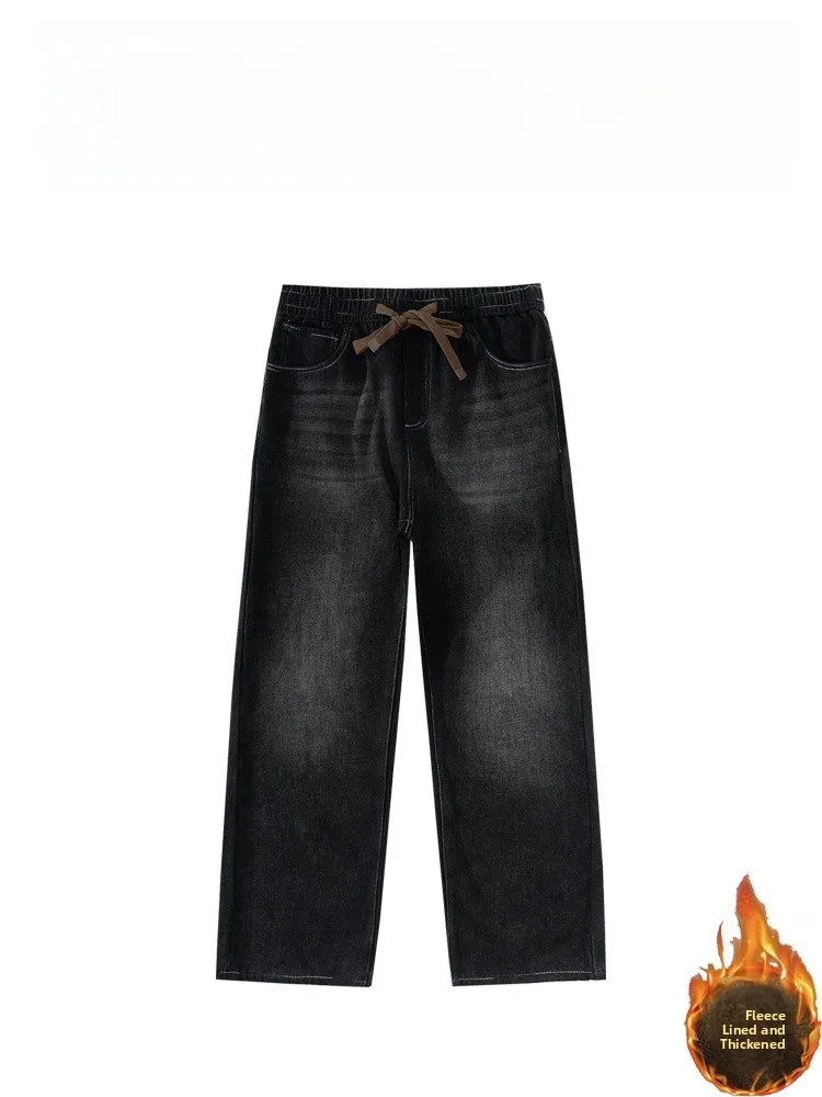 

Мужские джинсы BAIRBAOLIY2025: Новинка осенне-зимнего сезона, утепленные флисом, в стиле ретро, черные, с эластичным поясом на шнурке, прямые штанины