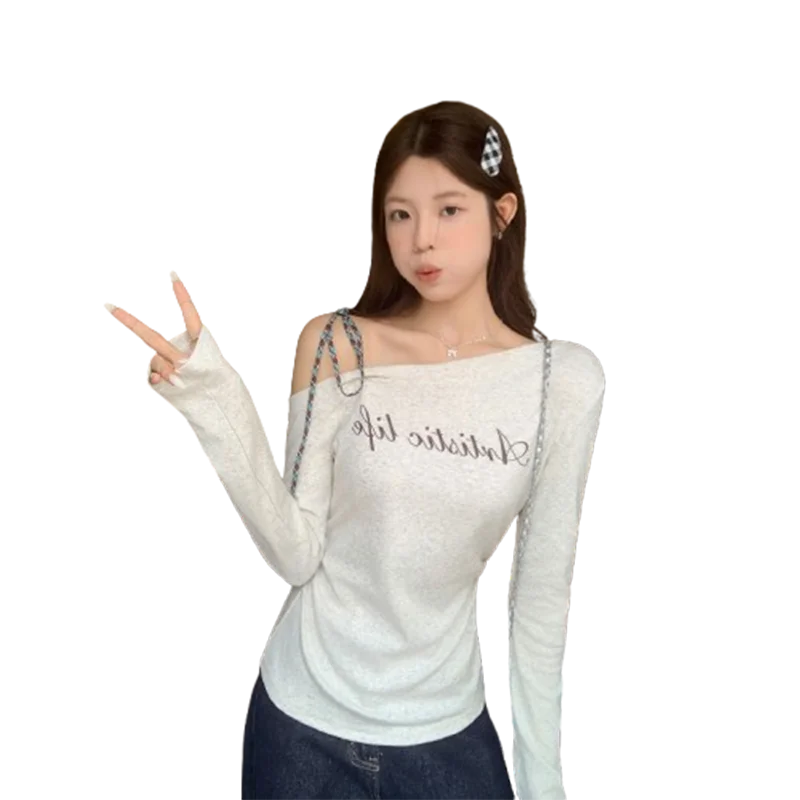

Spring Autumn New Grey Diagonal Shoulder Grid Strap Inner T-shirt Women's Letter Printed Fashionable Slim Long Sleeve Top S347