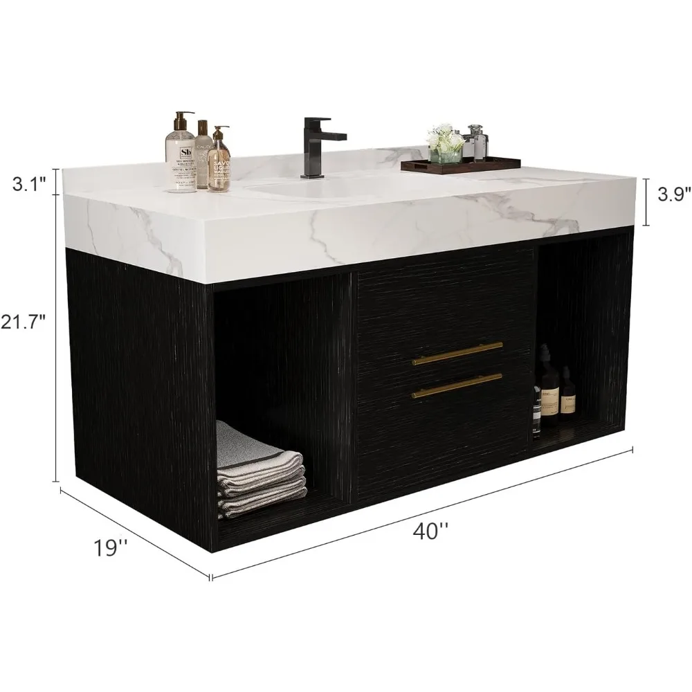 40 Inch Floating Bathroom Vanity with Sink, Wall Mounted Vanity Bathroom Cabinet with Sintered Stone Countertop,