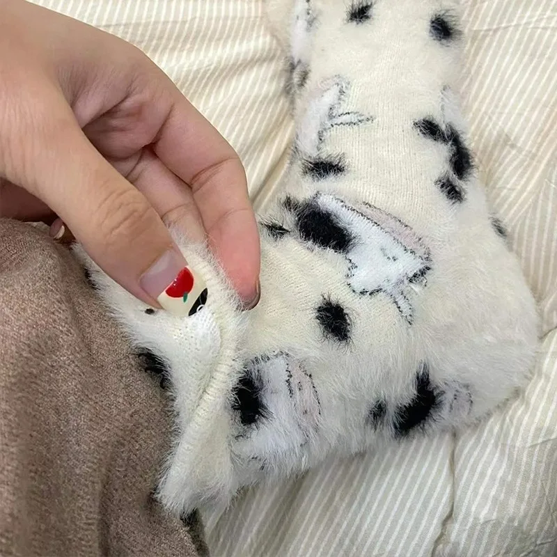 1/5Pairs Cow Spot Mink Velvet Socks Imitation Mink Socks Winter Plush Warm Home Sleeping Socks Japanese Cartoon Furry Tube Sock