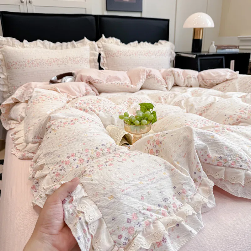 4Pcs Korean Princess Style Floral Printing Ruffles Bedding Set Single Queen King Size Duvet Cover Set Bed Sheet Pillowcases