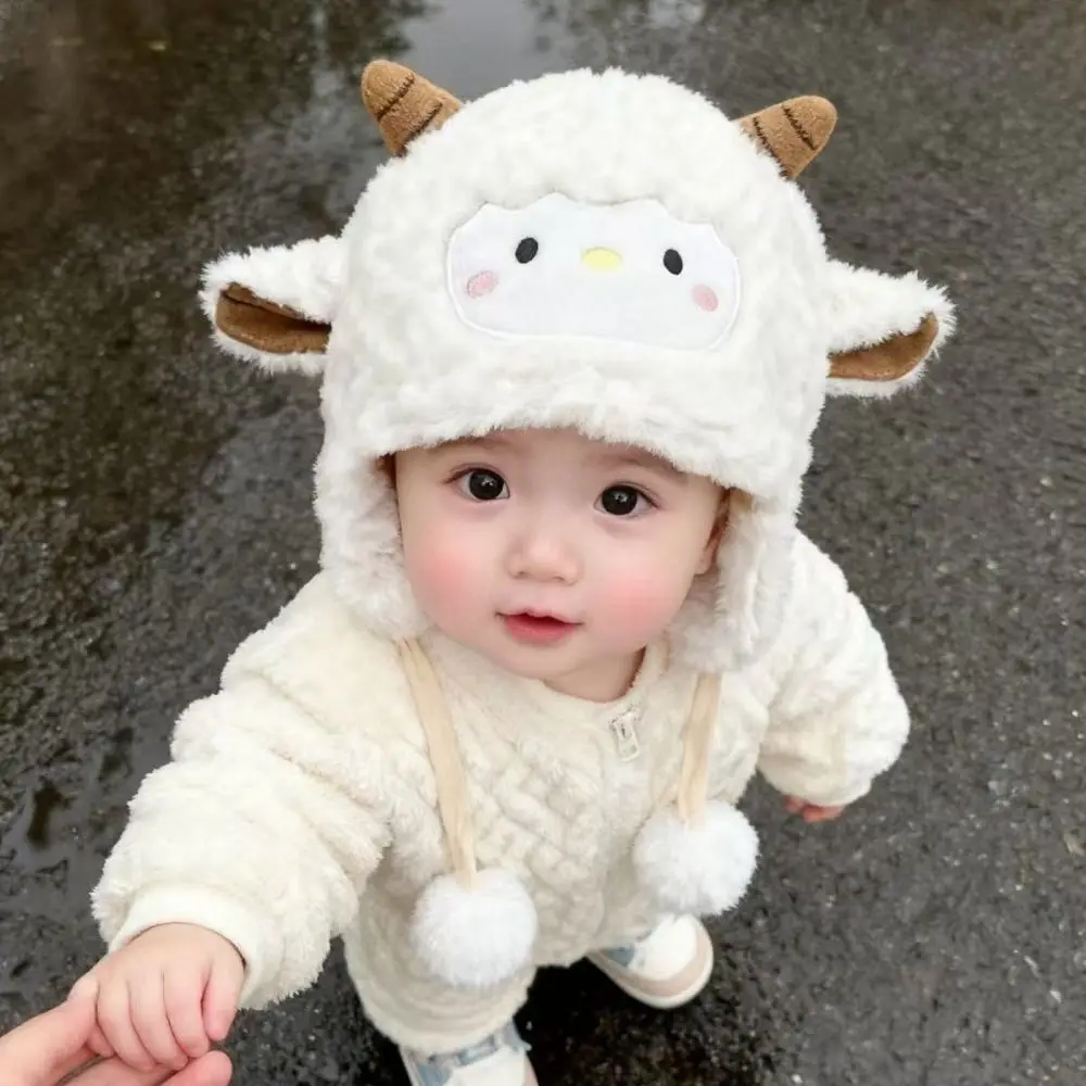 Kawaii Toddler's Sheep Hat Soft Thickened Cute Sheep Hat Windproof Breathable Cartoon Beanie Caps Outdoor Activities
