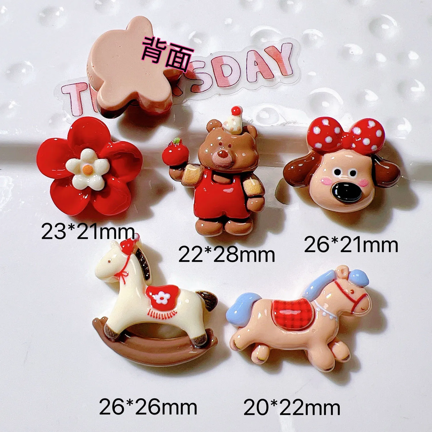10pcs Cartoon red series Wooden Horse Dog Flower Charm resin jewelry pendant handmade Earrings keychains necklaces Accessories
