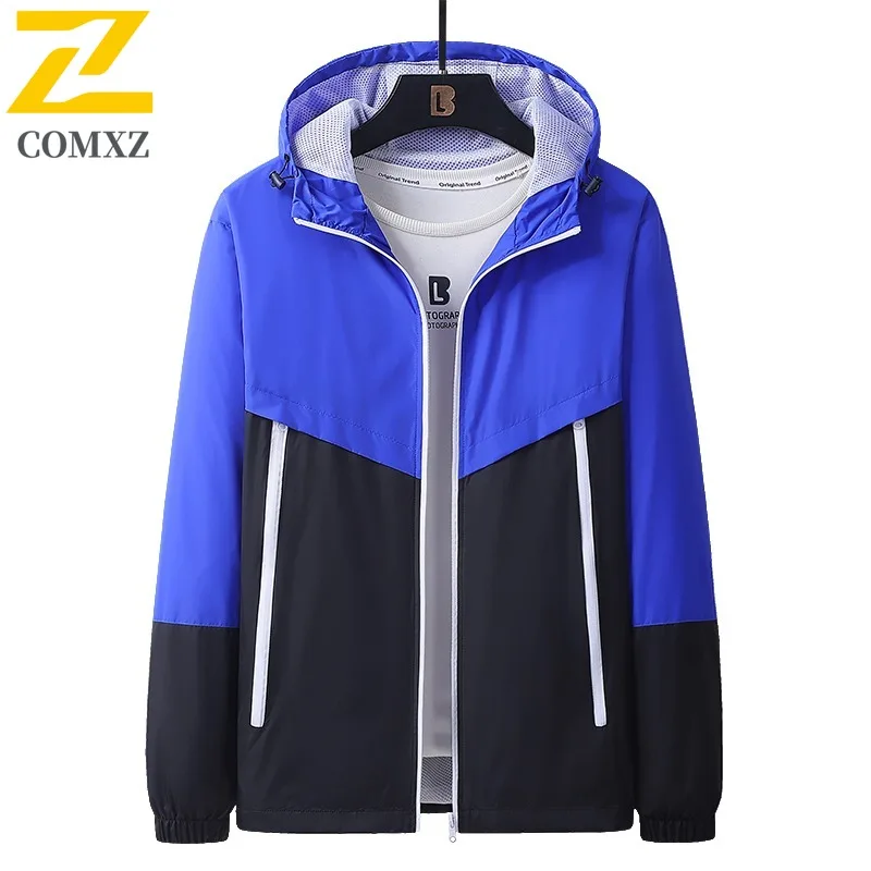 COMXZ Men Hooded Jacket Color Blocking Outdoor Adventure Hiking Camping Hunting Windbreaker Coat Autumn Adventure Techwear Coat
