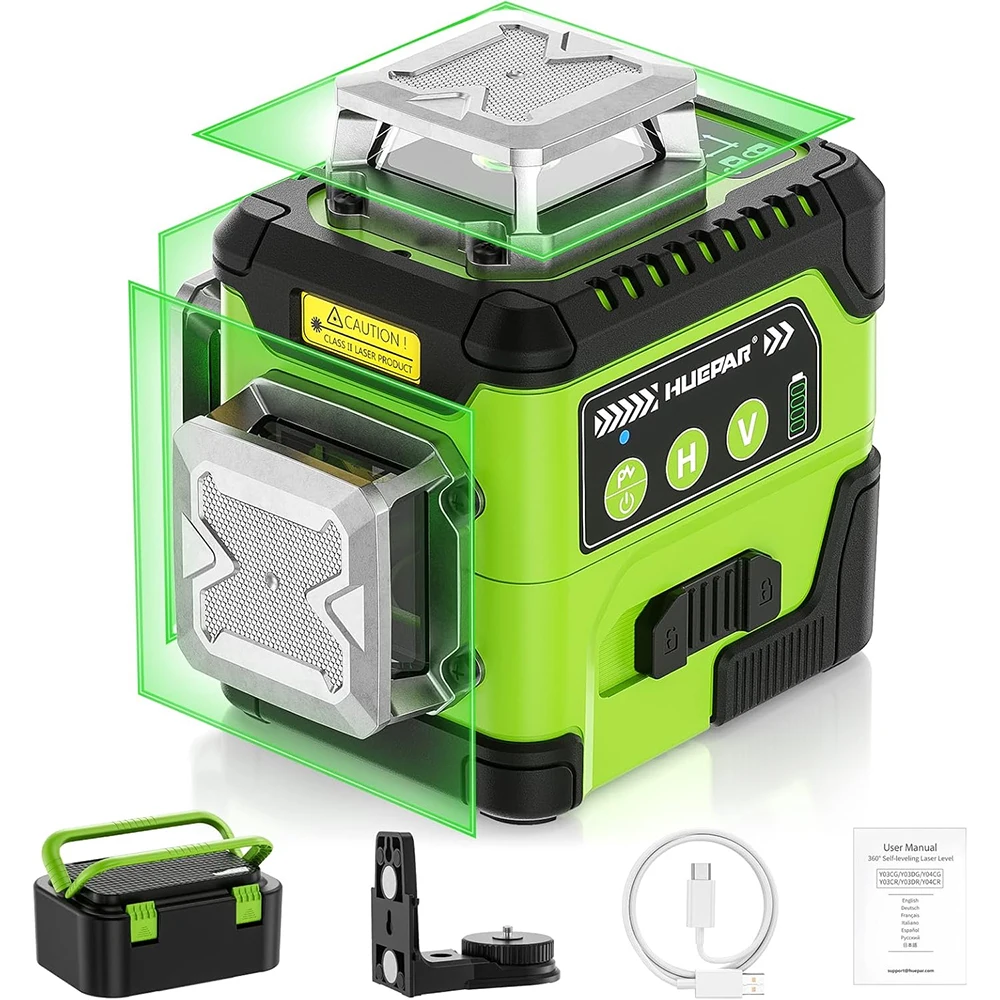 Huepar 3D Laser Level 12 Lines Self Leveling Digital Angle Screen High Brightness Cross Line 3 x 360° Rechargeable Lazer Leveler