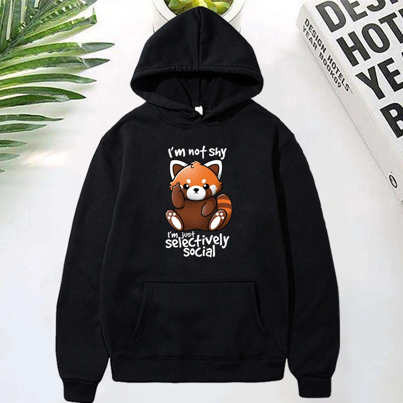 (Premium Hoodies)Panda I'm Not Shy I'm Just Selectively Social Printed Hoodies Women Fleece Long Sleeves Funny Pullover