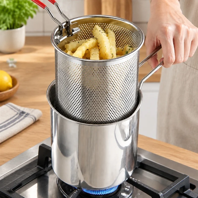 Home Kitchen Deep Fryer Made of Stainless Steel with Removable Basket and Oil Strainer, Perfect for Crispy Fries and Chicken