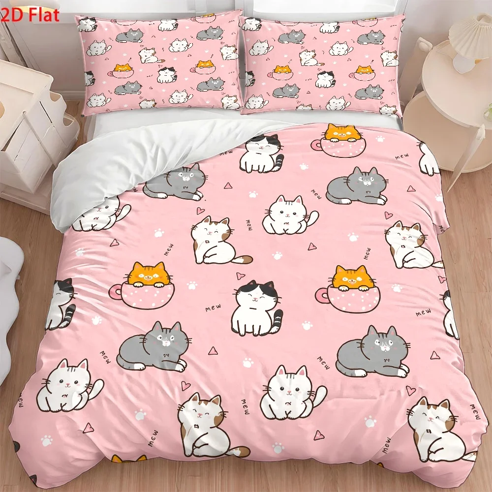 3Pc Cute Cat Print Quilt Cover Set, Three-Piece Bedding Set (1*Quilt Cover + 2*Pillowcases), Skin-Friendly and Breathable Polyester Woven Bedding, Soft and Comfortable Double Bedding, Suitable for All Seasons, Easy to Clean and Durable, Invisible Zipper, Wrinkle-Resistant, Machine Washable, Modern Simple and Cozy Home Bedroom Decoration, Suitable for Student Dormitories, Master Bedrooms, Guest Rooms, Nordic Style Light Luxury Quilted Quilt Cover, Large Double Bed Cover Set, 3P