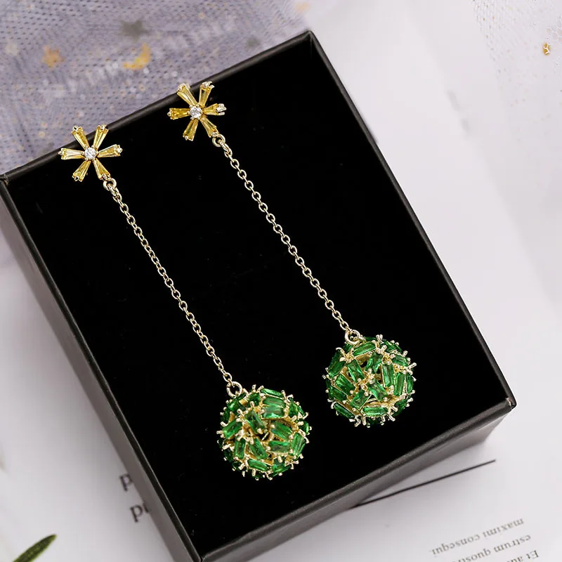 

Korean Colorful Zircon Snowflake Long Elegant Earrings Personality Super Fairy Ear Jewelry S925 Silver Needle Hollow Round Ball