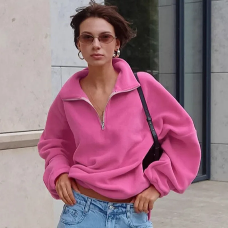 

Горячая распродажа: женская свободная блузка из искусственного меха с воротником-стойкой, длинными рукавами, на шнуровке, повседневная, розовая, универсальная