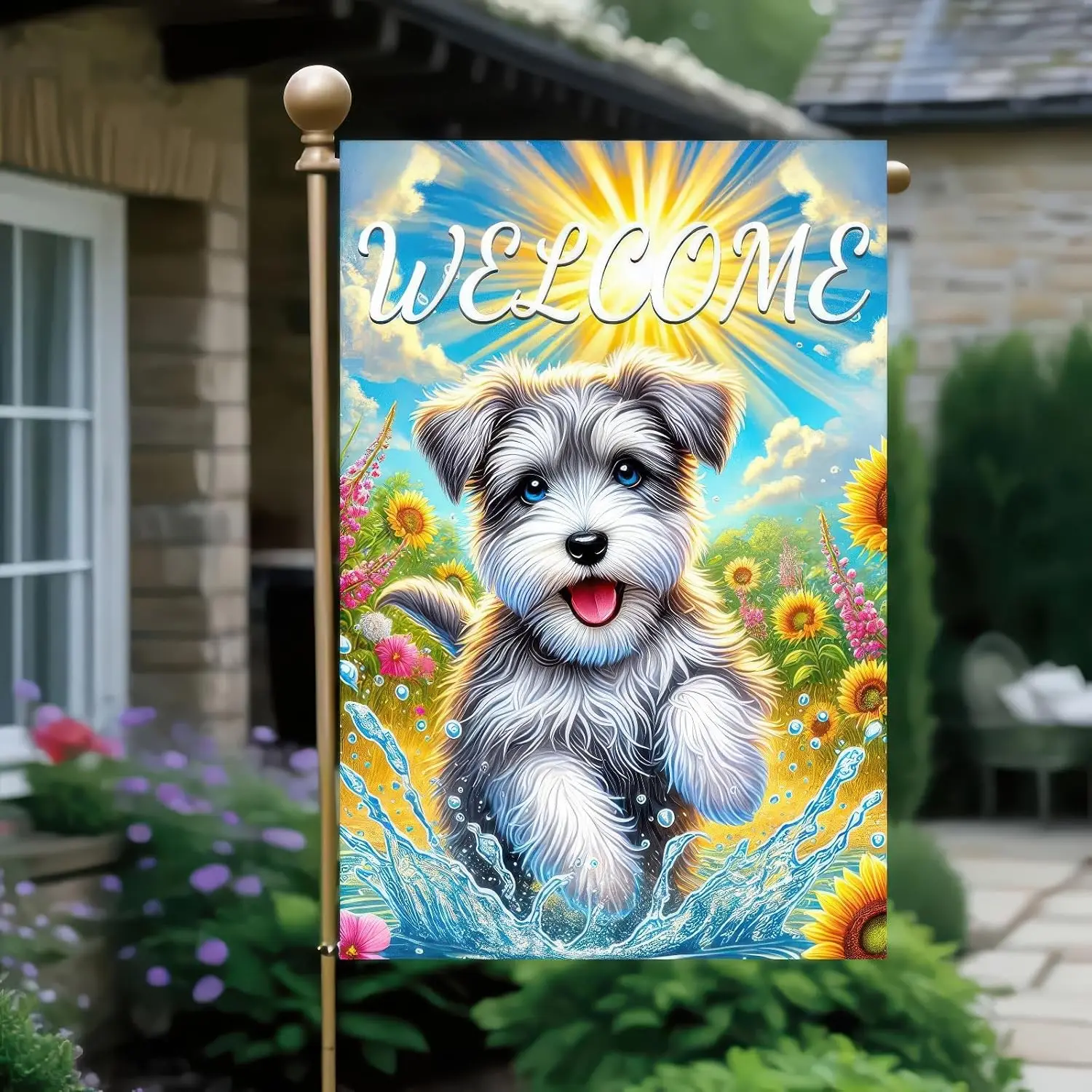 BlissYard Welcome Schnauzer Garden Flag Puppy Double Sided 12 x 18 Inch Summer Sunflower Daisy Dog Yard Lawn Outside Farmhou uui