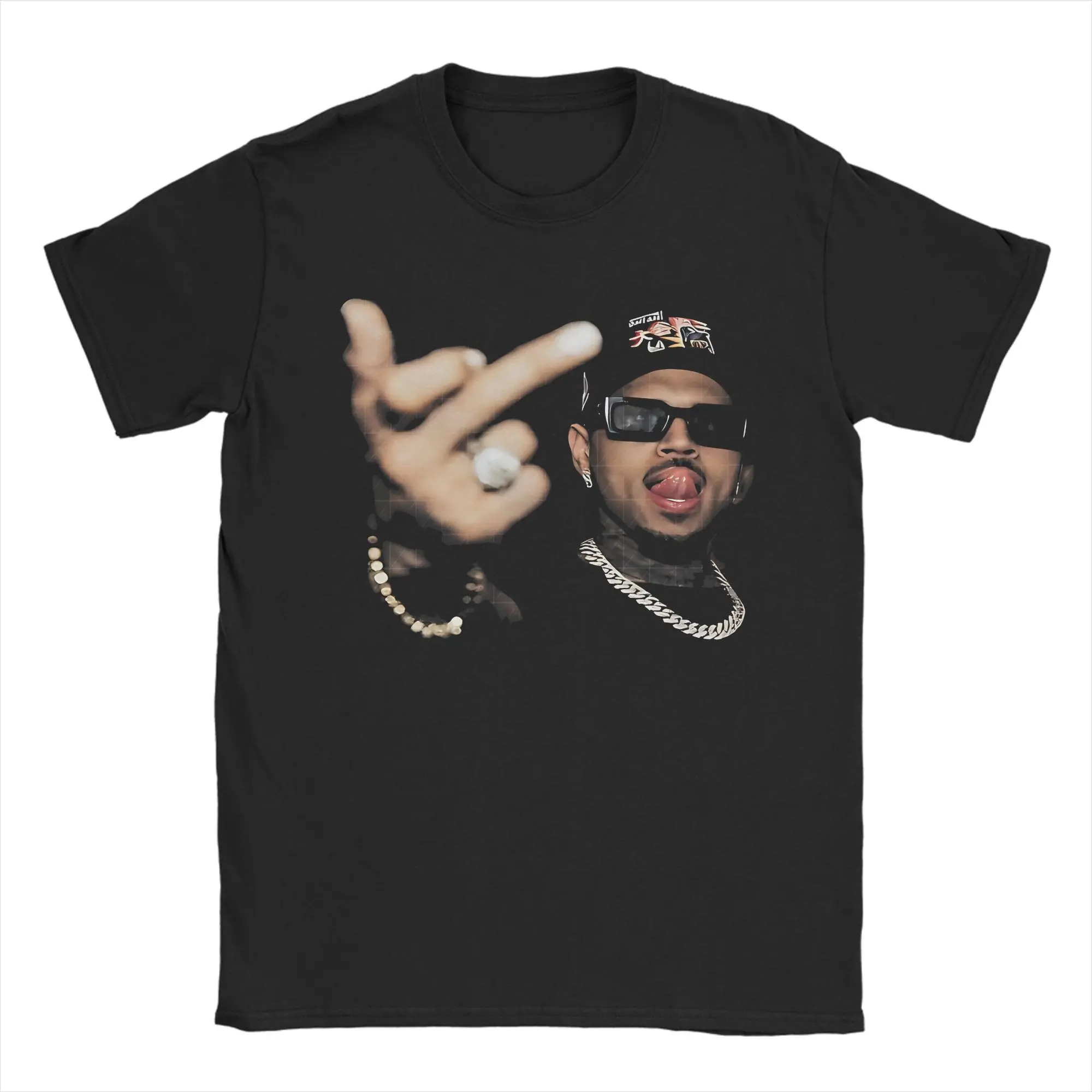 Casual Funny Finger Chris Brown T-Shirts Men Round Collar Cotton T Shirts  Short Sleeve Tees Plus Size Clothing