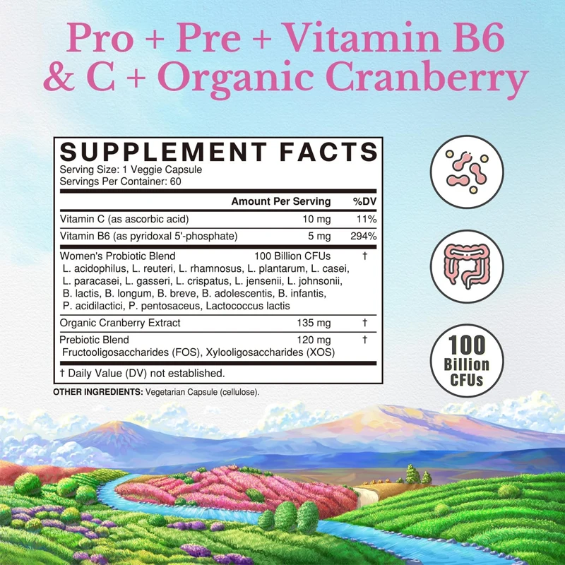 100 billion colony units of probiotics for women, 18 strains of prebiotics, VC and B6, cranberry urinary and digestive support