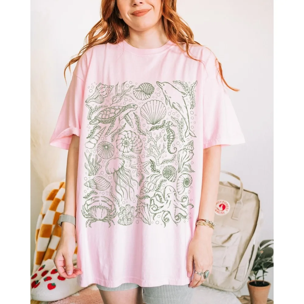 

Vintage Sea Life T Shirt Retro Ocean Animal Tee Nautical Marine Beach Summer Short Sleeve Cotton Womens T Shirt Women Clothing