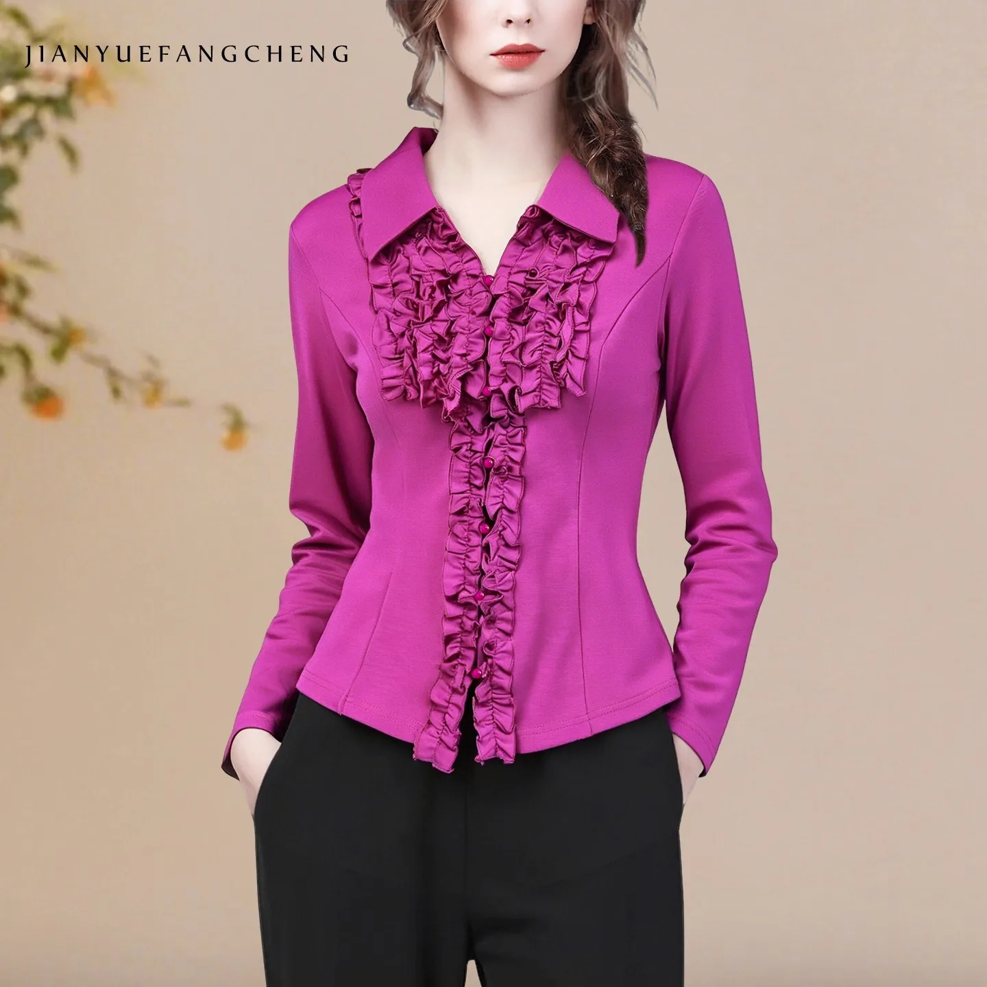 

Fashion Ruffles Women' Magenta Blouse Long Sleeve Turn-down Collar Button-down Shirt Elegant Skinny Work Office Knit Tops
