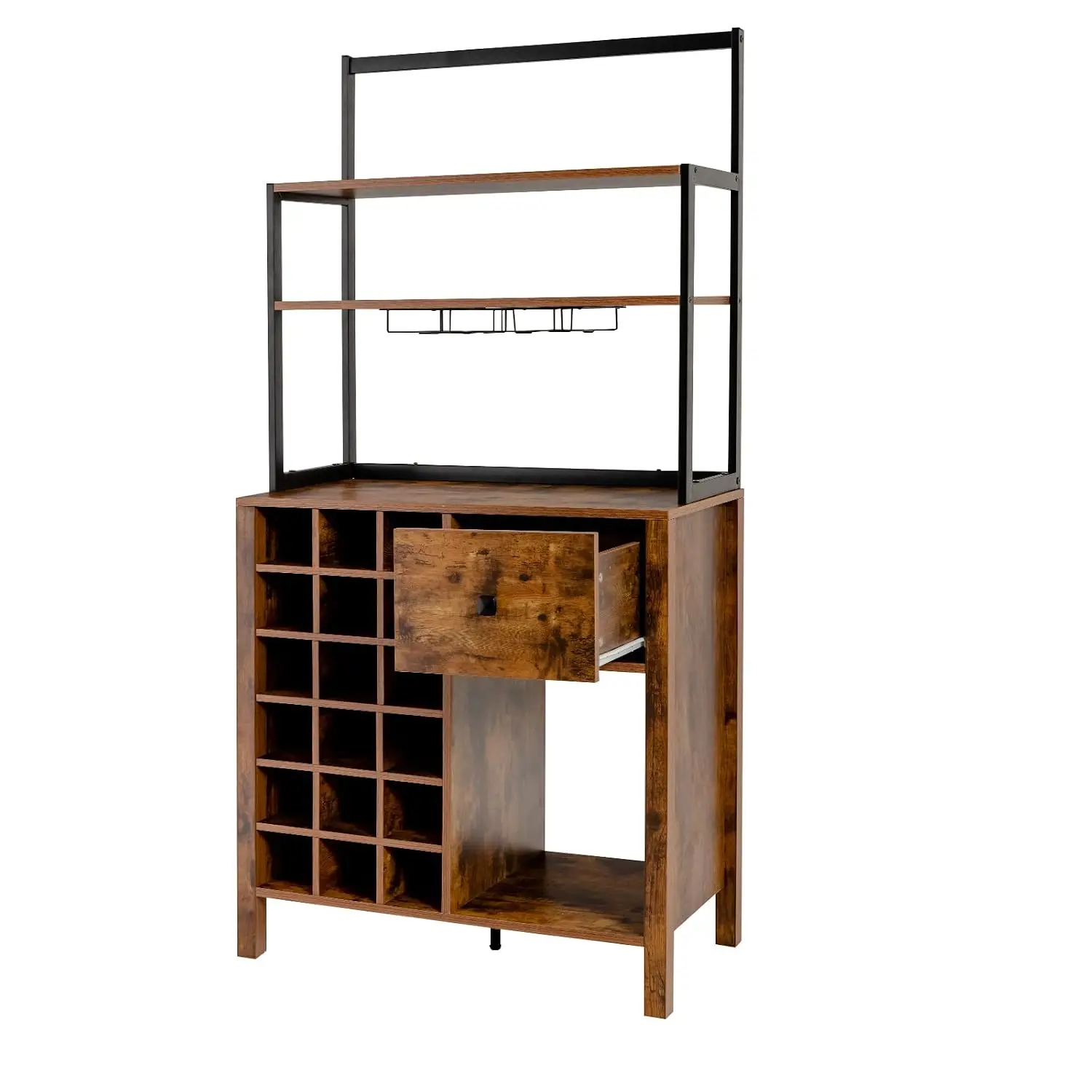 Rustic Brown Sideboard Wine Cabinet Glass Holders 18-Bottle Rack Drawer Worktop Anti-Tip Home Bar Dining Storage, Customized
