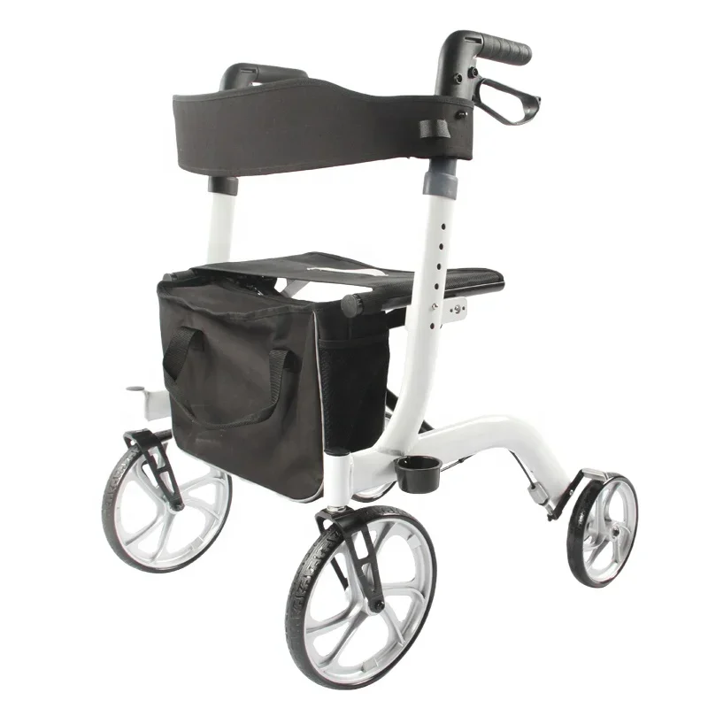 Aluminum Walking Rollator Nylon Pad Height Adjustable Two Loop Brakes Folding Upright Walker