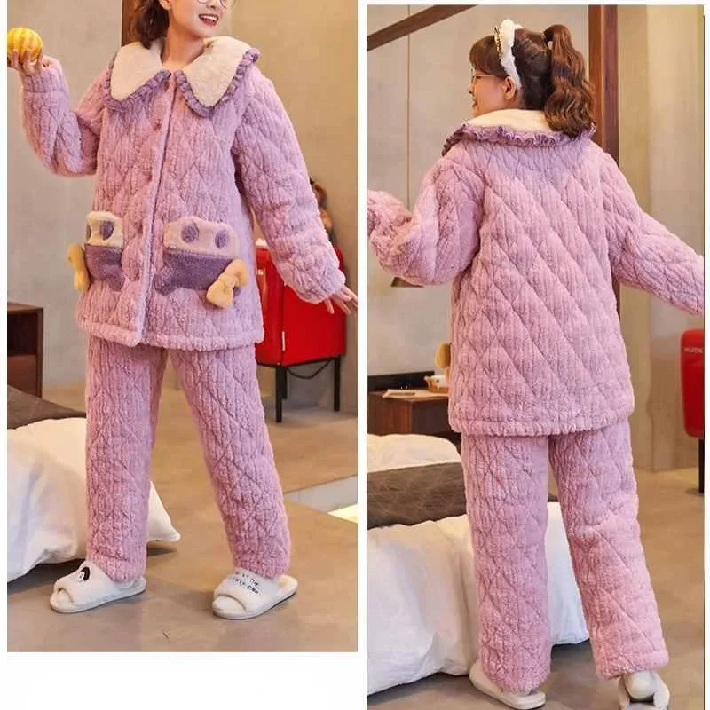 2023 New Sleepwear Women's Winter Plush and Thick Sleepwear Coral Plush Three Layer Cotton Clip Loungewear Set Flannel Homewear