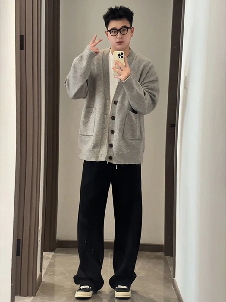 

Корейский вязаный кардиган для мужчин больших размеров, с V-образным вырезом, длинными рукавами, осенняя верхняя одежда, повседневный, удобный, модный