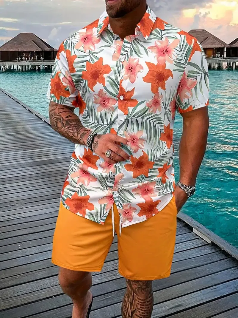 Summer Shirt Shorts Suit Men\'s Shirt Suit Stylish Beach Holiday Suit Quick-drying Fabric Loose Fit Suitable For Dating S-5XL