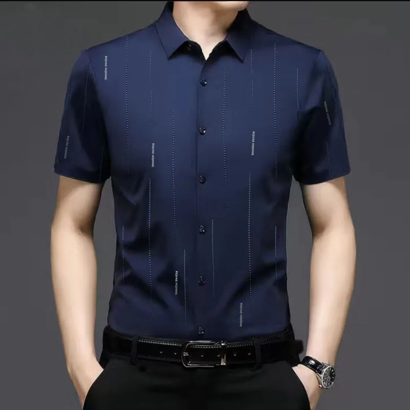 Business Office Casual Short Sleeve Printed Shirt for Men 2023 Summer Male Clothes All-match Single-breasted Polo-Neck Shirt