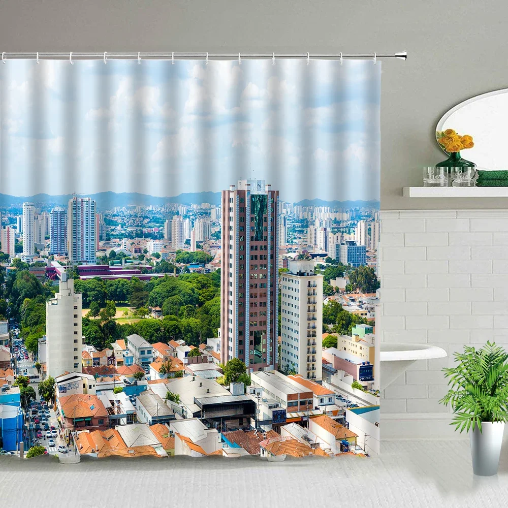 Black White City Building Landscape Shower Curtain Modern European Style Scenery Bathroom Curtains Waterproof Fabric With Hooks