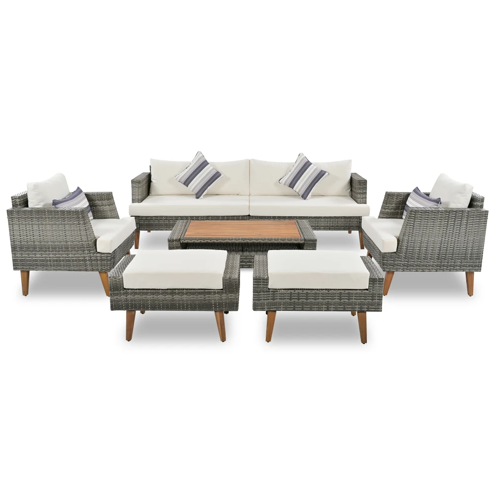 

6-Pieces All Weather PE Wicker Sofa Set, Outdoor Rattan sofa With Double Cushions, Wood Legs Wood Table Top, Beige and Gray