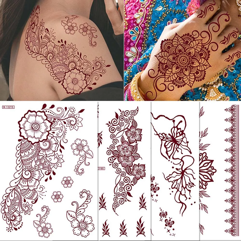 Pegatinas rojas Mehndi, pegatinas de tatuaje de Henna, calcomanías de transferencia de agua, tatuaje falso para mujeres, tatuaje temporal, piernas, brazo, herramienta de boda