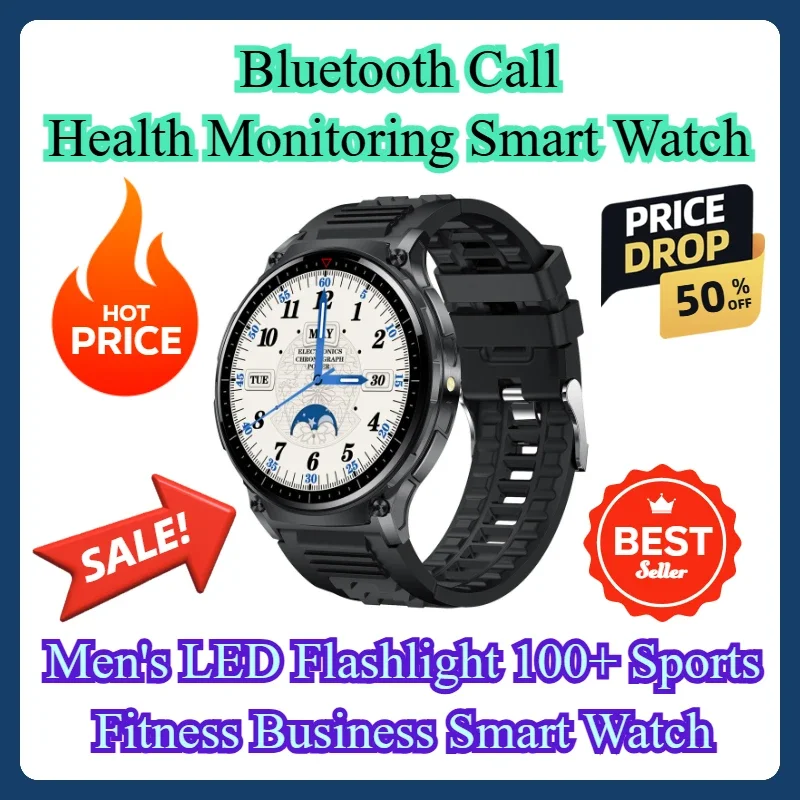 Bluetooth Call Health Monitoring Smart Watch Men's LED Flashlight 100+ Sports Fitness Business Smart Watch