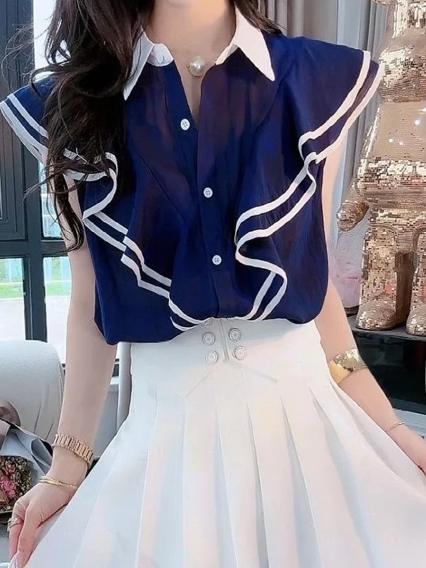 Csa E Estilo Universitario para Mujer, Nueva Csa de Verano con Bloques de Color, Borde con Textura de Ma, An...