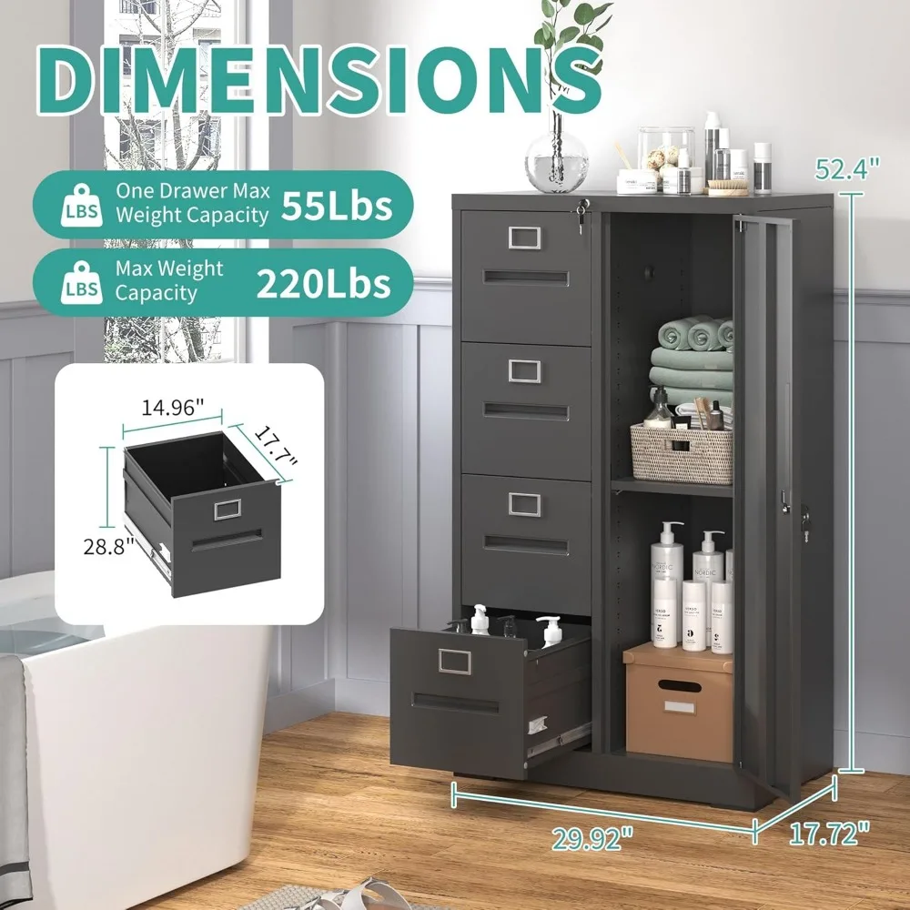 خزانة ملفات عمودية معدنية قابلة للقفل للمكتب المنزلي، خزانة تخزين ذات 4 أدراج مع باب قابل للتعديل وميزات أمان #3