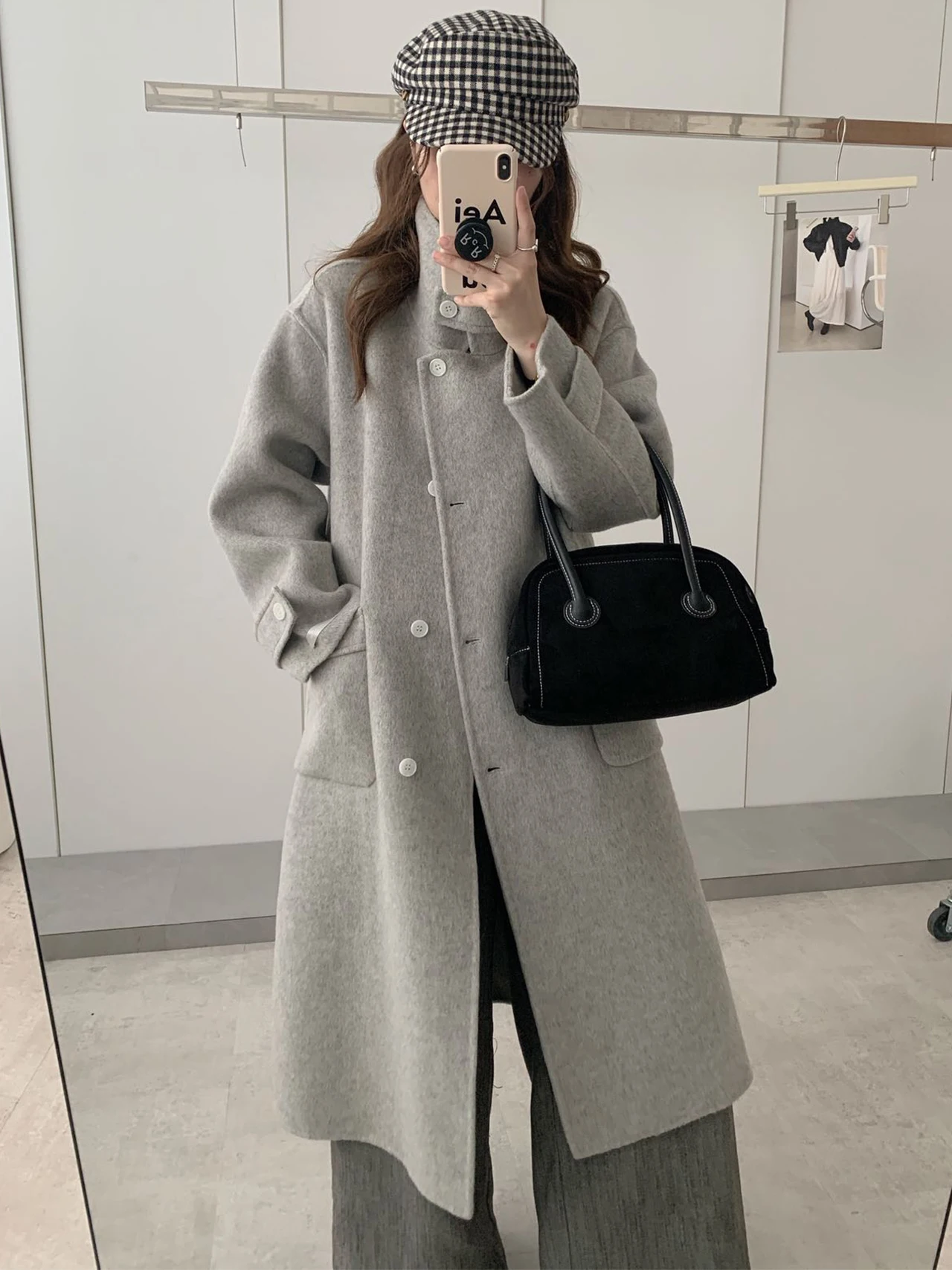 

Двустороннее пальто Ele, женское пальто Хепберн, шерстяная верхняя одежда, свободная посадка, миди, воротник-стойка, осень-зима