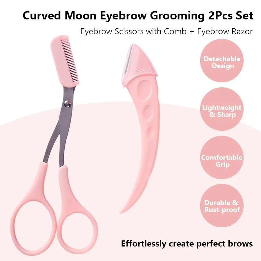 2Pcs Eyebrow Grooming Tool Set, Curved Eyebrow Razor & Comb Scissors, Stainless Steel Trimming Kit for Beginners Women Facial Be