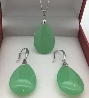 

New natural green jades stone earrings pendants 925 sterling silver necklace sets