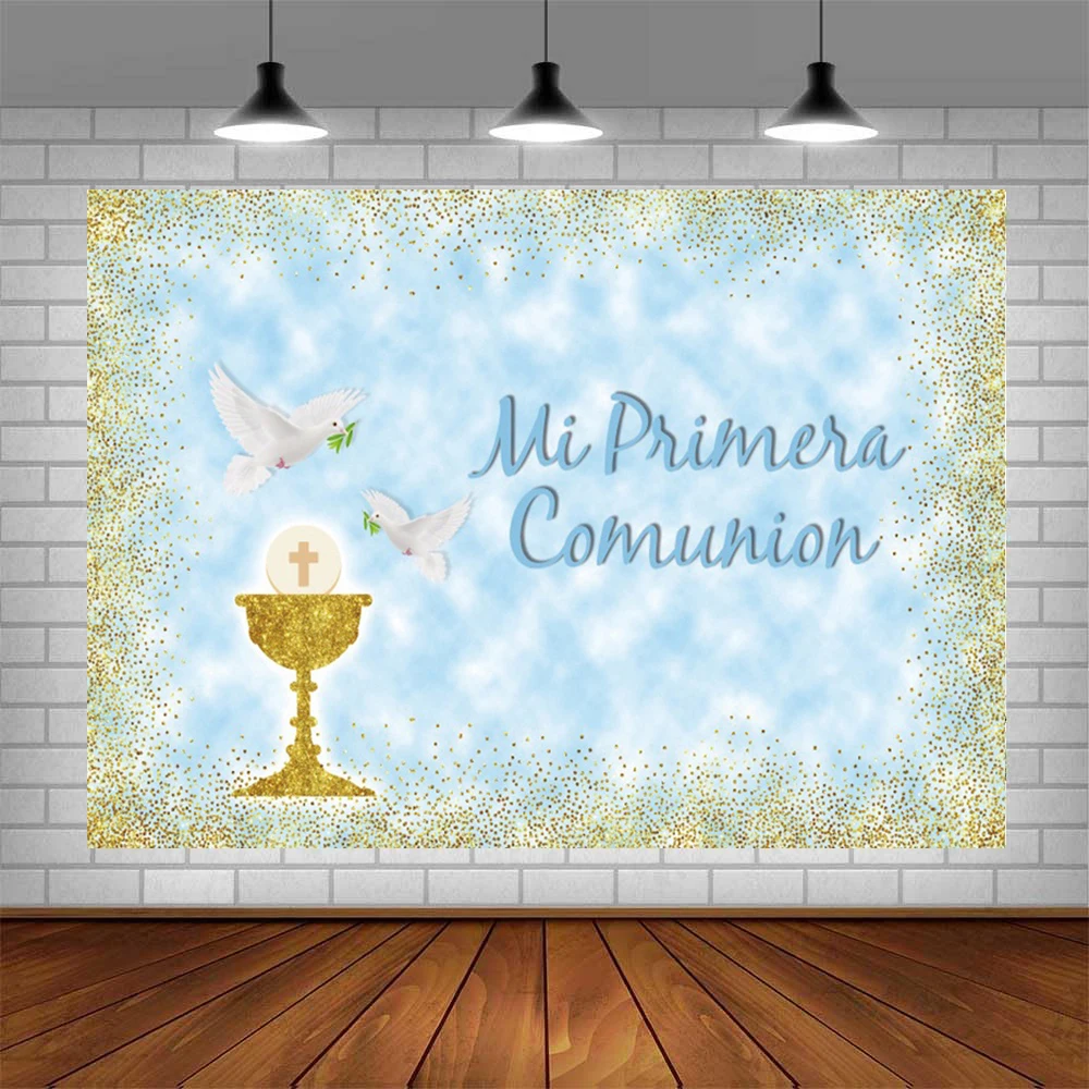 Fondo de fotografía de mi primera comunión para niños, telón de 6x4 pies, cáliz de crucifijo, brillo dorado, póster personalizado