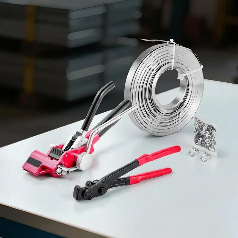 Steel Banding Strapping Kit, Heavy Duty Banding Sealer Tool with 200 ft Binding Straps, 200 Metal Clasps, Manual Pallet Packaging Strapping Kit for Warehouse, Transportation, Industrial Bundling view 3